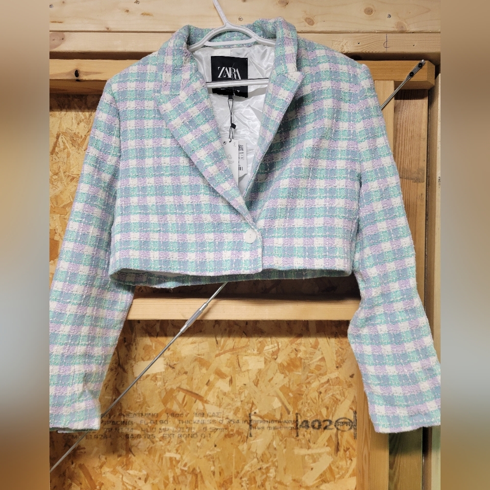 Zara NWT Women's Tweed Crop Blazer Aqua/Pink Size XXL